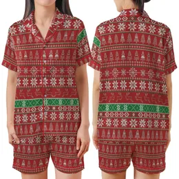 Festive Winter Design: Fair Isle Nordic Reindeer & Snowflake Print - Seamless Holiday Motif Satin Short-Sleeve Pajamas Set