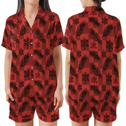 Rustic Lodge Enthusiasts' Bold Red Black Buffalo Plaid Pine Branch Berry Snowflake Flat Graphic Satin Short-Sleeve Pajamas Set