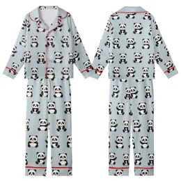 Panda Lovers' Cute Playful Panda Bear Characters Seamless Pattern with Golden Bows on Light Blue-Gray Background Kid Satin Pajamas Set
