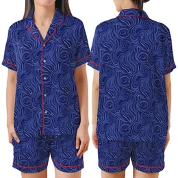 Ladies' Royal Blue Velvet Pajamas: Cobalt Organic Flowing Pattern Long Jacket Set Satin Short-Sleeve Pajamas Set