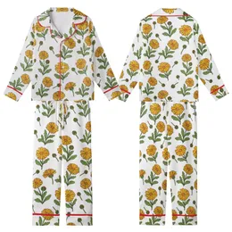 October Celebrants Detailed Marigold Floral Illustration Yellow Orange Green Botanical Print Kid Satin Pajamas Set