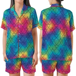 Fantasy Lovers' Fluid Iridescent Rainbow Dragon Scales Seamless Pattern Ocean to Fire Hues Satin Short-Sleeve Pajamas Set