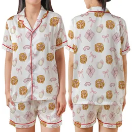 Girls' Watercolor Pancakes & Pink Bow Pajamas Sleep Set Satin Short-Sleeve Pajamas Set