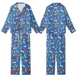 Sighthound Cozy Fleece Loungewear: Royal Blue Cartoon Dog Bone & Paw Print Sleep Suit Kid Satin Pajamas Set