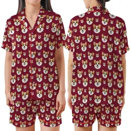 Corgi Lovers' Cheerful Photorealistic Corgi Faces Scattered All-Over Deep Crimson Red Satin Short-Sleeve Pajamas Set