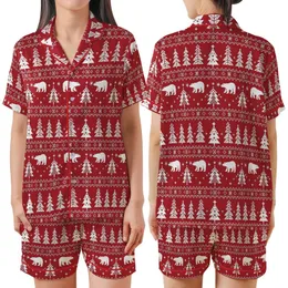 Holiday Lovers' Deep Red White Nordic Fair Isle Polar Bear Fir Tree Snowflake Geometric Pattern Satin Short-Sleeve Pajamas Set