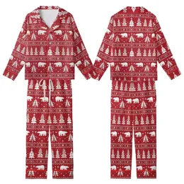 Holiday Lovers' Deep Red White Nordic Fair Isle Polar Bear Fir Tree Snowflake Geometric Pattern Kid Satin Pajamas Set