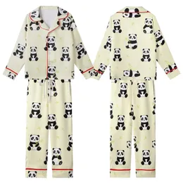 Women's Whimsical Panda & Bamboo Print Creamy Yellow Pure Cotton Pajamas Set Kid Satin Pajamas Set