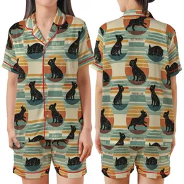French Bulldog Lover Retro Pajamas: Vintage Frenchie Silhouettes & Muted Sunset Stripe Sleep Set Satin Short-Sleeve Pajamas Set