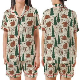 Whimsical Forest Slumber: Hand-Drawn Storybook Woodland Creatures Pattern Satin Short-Sleeve Pajamas Set