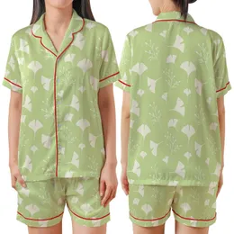 Women's Tailored Organic Cotton Loungewear Set: Abstract Botanical Ginkgo, Lime Green Cream Plus Size Sleepwear Satin Short-Sleeve Pajamas Set