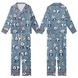Cozy Panda Print Sleep Set: Whimsical Cartoon Design with Stars & Moons on Blue-Grey Kid Satin Pajamas Set