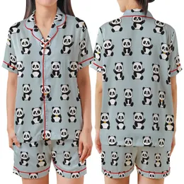Panda Lovers' Cute Playful Panda Bear Characters Seamless Pattern with Golden Bows on Light Blue-Gray Background Satin Short-Sleeve Pajamas Set
