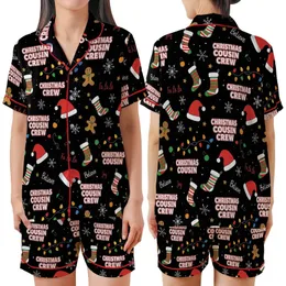 Cousin Crew Christmas: Festive All-Over Santa Hats, Lights, Stockings & Snowflakes Pattern - Soft Cotton Pajamas Satin Short-Sleeve Pajamas Set