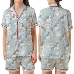 Fantasy Lover's Flat Cartoon Unicorn Pastel Rainbow Seamless Pattern Satin Short-Sleeve Pajamas Set
