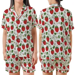 Women's Indian Handmade Strawberry Blossom Print Pure Cotton Night Suit Satin Short-Sleeve Pajamas Set