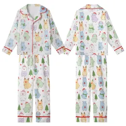 Whimsical Pastel Hippo Pattern: Festive Reindeer & Polar Bear Christmas Art - Unique Wearable Design Kid Satin Pajamas Set
