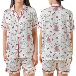 Girls' Playful Line Art Pajama Set: Minimalist Bow & Button Dusty Pink Nightwear Motif Satin Short-Sleeve Pajamas Set