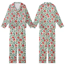 Women's Hand Block Printed Coral Red Bellflower Teal Leaf Pure Cotton Sleepwear Set Kid Satin Pajamas Set