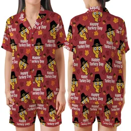 Thanksgiving Celebrators Cheerful Flat Cartoon Pilgrim Turkey Heads 'Happy Turkey Day' Autumn Leaves Acorns Pattern on Deep Red Satin Short-Sleeve Pajamas Set