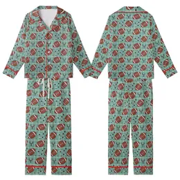 Game Day Enthusiasts' Playful Brown Footballs Muted Teal Grid Star Goalpost Pattern Kid Satin Pajamas Set