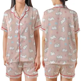Adults' Soft Pink Blush Bunny & Pastel Floral Cloud Footed Pajama Satin Short-Sleeve Pajamas Set