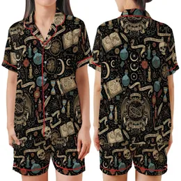 Mystical Art Lovers' Dark Academia Grimoire Celestial Astrolabe Bat Wing Aged Gold Parchment Tan Arcane Pattern Satin Short-Sleeve Pajamas Set