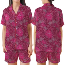 Women's Hand Block Print Fuchsia Floral Peony Rose Cotton Loungewear Set - Indian Inspired Design Satin Short-Sleeve Pajamas Set