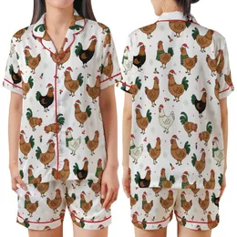 Christmas Enthusiasts' Whimsical Chicken Rooster Red Green Holly Berry Holiday Print Satin Short-Sleeve Pajamas Set