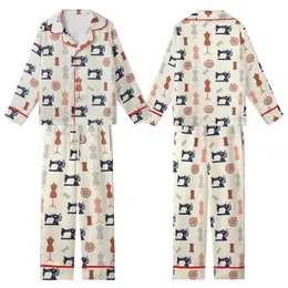 Sewing Enthusiasts' Retro Illustrative Pale Cream Navy Grey Pink Vintage Sewing Machine & Spools Pattern Kid Satin Pajamas Set