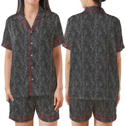 Women's Organic French Linen: Charcoal Abstract Botanical Print - Relaxed Fit Lounge Set Satin Short-Sleeve Pajamas Set