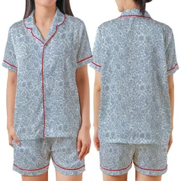 Women's Artisan Cotton Loungewear: Hand Block Print Blue Floral Indian Motif Set Satin Short-Sleeve Pajamas Set