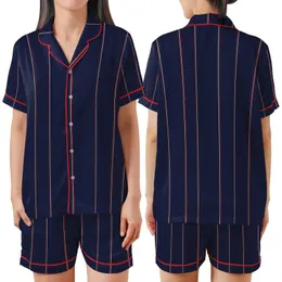 Modern Aesthetic Lover's Geometric Deep Navy Wide Vertical Stripes with Red-Maroon White Pinstripes Satin Short-Sleeve Pajamas Set