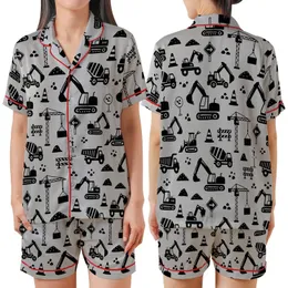 Construction Lover: Dynamic Black Heavy Machinery Pattern - Light Grey Flat Design Motif Satin Short-Sleeve Pajamas Set