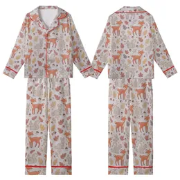 Whimsical Style Adorers' Cute Autumn Woodland Animals Flat Graphic on Pale Lavender-Grey with Terracotta Ochre Dusty Rose Leaves Kid Satin Pajamas Set