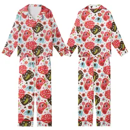 Whimsical Style Lovers' Playful Doodle Elephants, Polka Dot Mushrooms, Flowers Pattern: Red, Brown, Sky Blue, Pink Kid Satin Pajamas Set