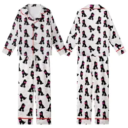 Women's Black Poodle Mama Pajama Pants: Pink Bow Silhouette All-Over Pattern - Soft Brushed Polyester Kid Satin Pajamas Set