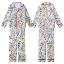 Modern Explorer: Tranquil Abstract Fluid Lines Pattern – Dusty Indigo Beige Wearable Art Print Kid Satin Pajamas Set
