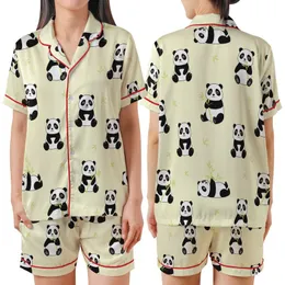 Women's Whimsical Panda & Bamboo Print Creamy Yellow Pure Cotton Pajamas Set Satin Short-Sleeve Pajamas Set