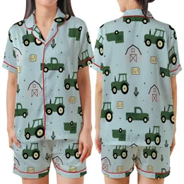 Farm Life Enthusiasts' Light Blue Hand-Drawn Minimalist Farm Vehicle Barn Pattern Satin Short-Sleeve Pajamas Set