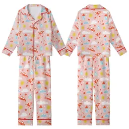 Flower Girl Pink Satin Pajama Set: Whimsical Rocket Sun Chalk Art Design Kid Satin Pajamas Set