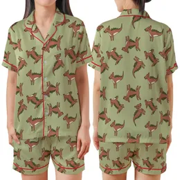 Whippet Dog Pajamas: Stylized Dinosaur-Dog Pattern - Cozy Pet Sleepwear Satin Short-Sleeve Pajamas Set