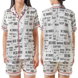 Bed Sharers' Humorous Sleep Quirks Minimalist Charcoal Typographic Rustic Arrow Pattern Satin Short-Sleeve Pajamas Set