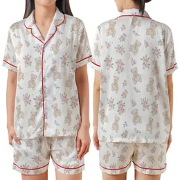 Sweet Style Lovers' Illustrative Classic Teddy Bear Dainty Floral Pale Pink Sage Green Muted Teal Satin Short-Sleeve Pajamas Set