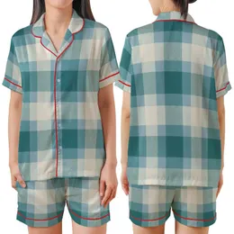 Cozy Style Enthusiasts Muted Sky Blue Buffalo Check and Gingham Plaid Pattern with Teal and Creamy Off-White Satin Short-Sleeve Pajamas Set