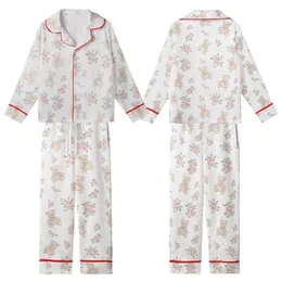 Sweet Style Lovers' Illustrative Classic Teddy Bear Dainty Floral Pale Pink Sage Green Muted Teal Kid Satin Pajamas Set
