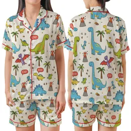 Dinosaur Lovers' Cheerful Cartoon Roar Pattern T-Rex Stegosaurus Brachiosaurus Satin Short-Sleeve Pajamas Set