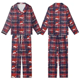 Spouses' Traditional Red Blue Plaid Christmas Design with Husband Wife Script & Santa Hats Kid Satin Pajamas Set