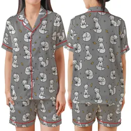 Whimsical Style Fans' Hand-Drawn Playful Cartoon Foxes Muted Grey Mustard Yellow Pattern Satin Short-Sleeve Pajamas Set