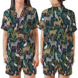 Women's Navy Jungle Animal Print Ultra-Soft Cotton Sleepwear Ensemble: Hand Block Leopard Zebra Bird Design Satin Short-Sleeve Pajamas Set